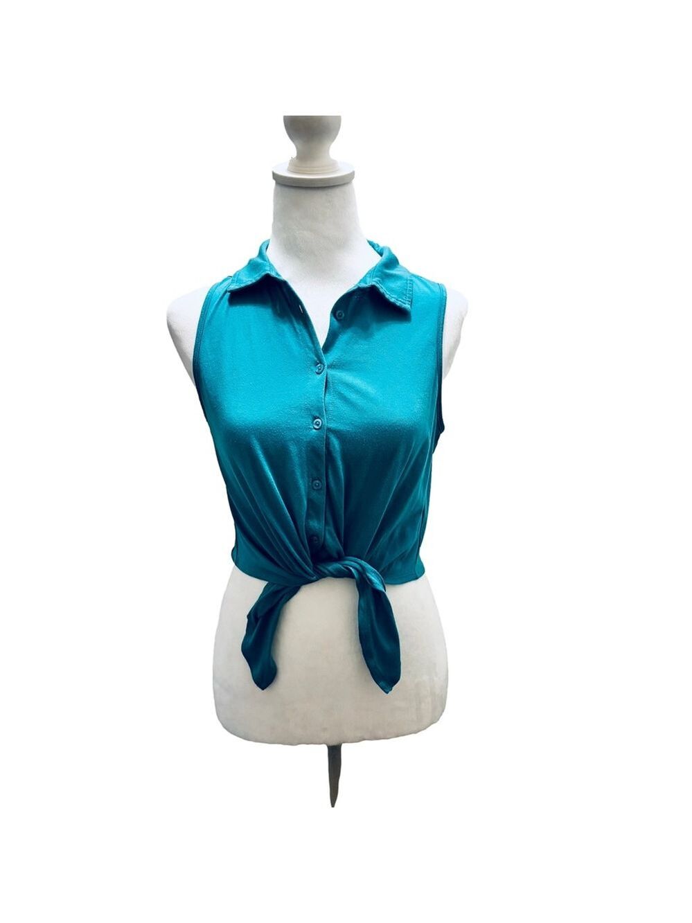 Women's Forever 21 Teal Sleeveless Tie Waist Button Down Crop Top Shirt S